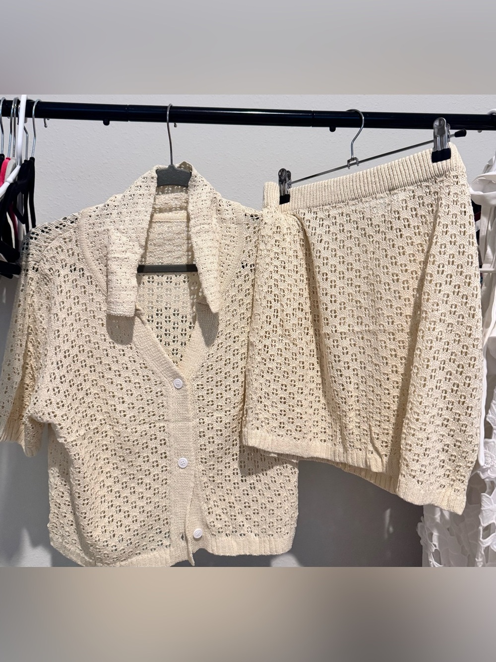 Vintage-Inspired Cream Knit Short Sleeve Cardigan and Skirt Set